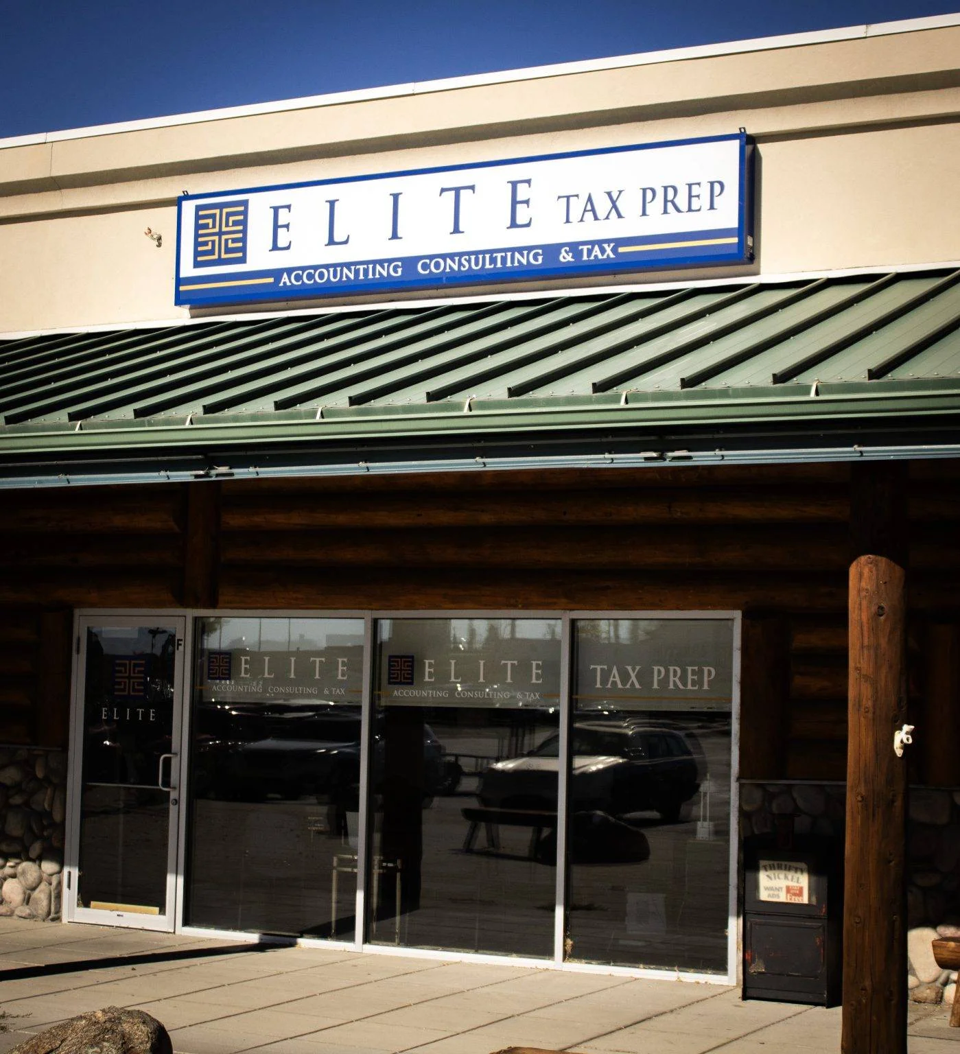 The Elite Accounting, Consulting & Tax awning sign at the Heights location in Billings, MT.